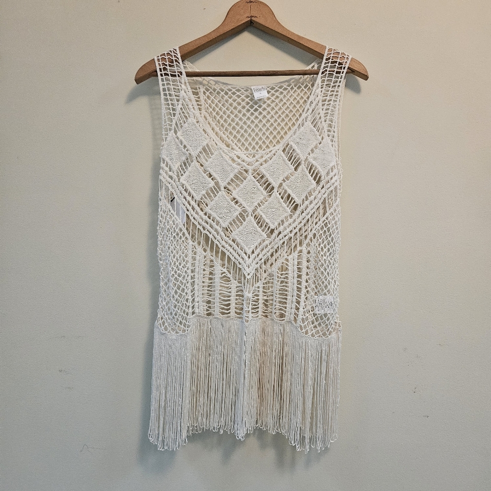 INC International Concepts White Crochet Fringe Tank Top